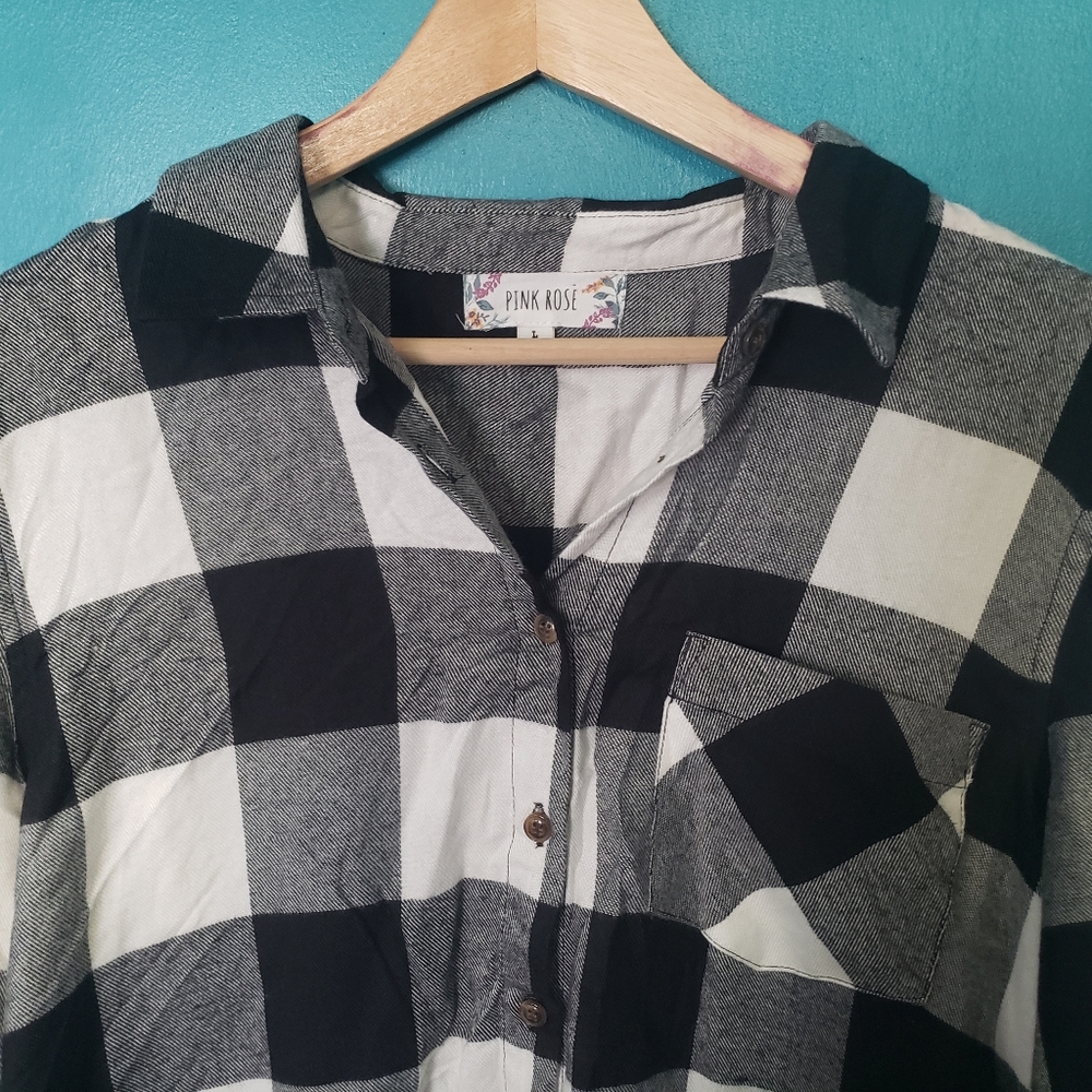 Pink Rose Gingham Flannel Button-Up Shirt, Size L